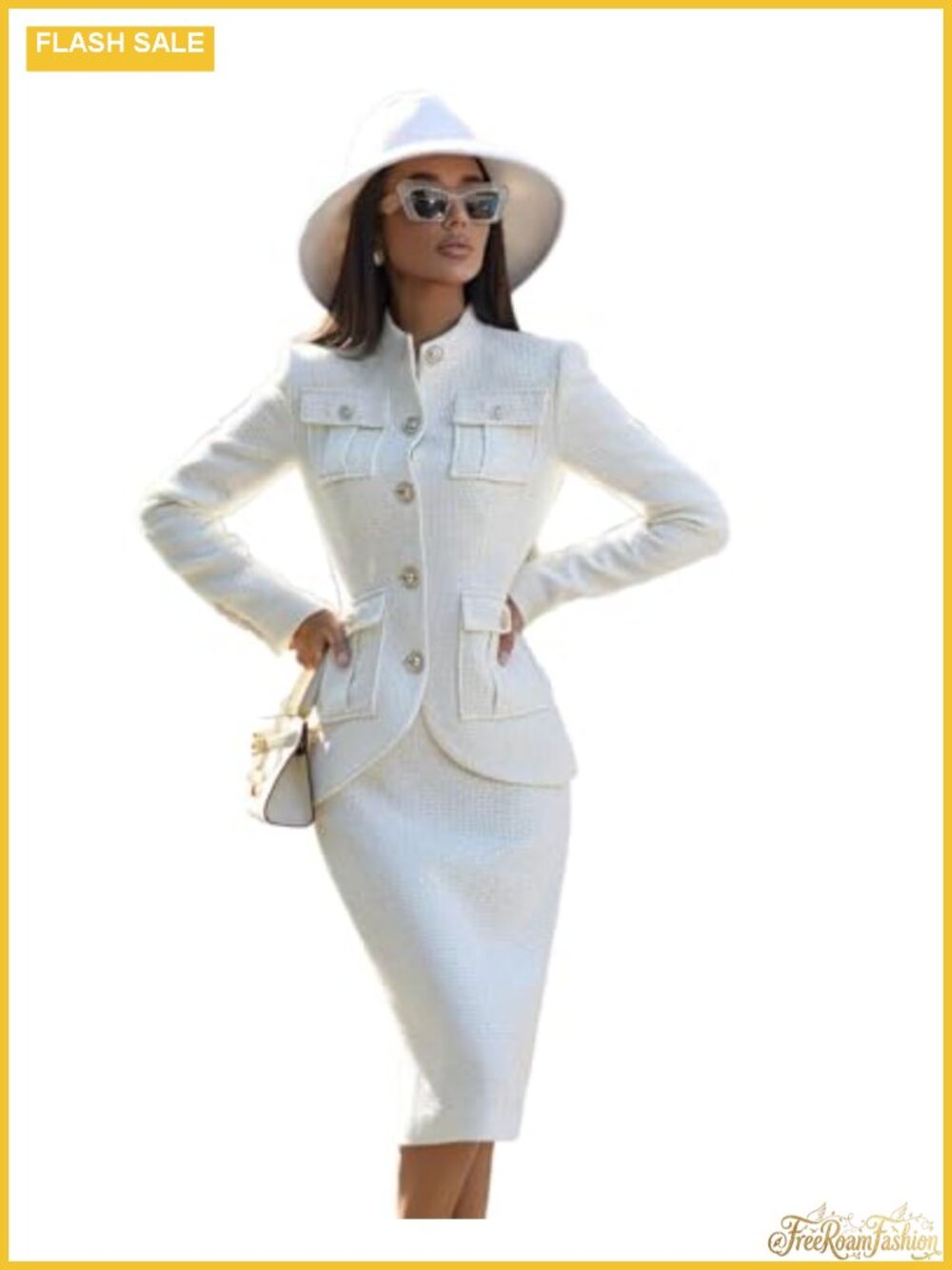 Women's 2 Piece Tweed Blazer Jacket and Pencil Skirt Suit Set Slim Fit